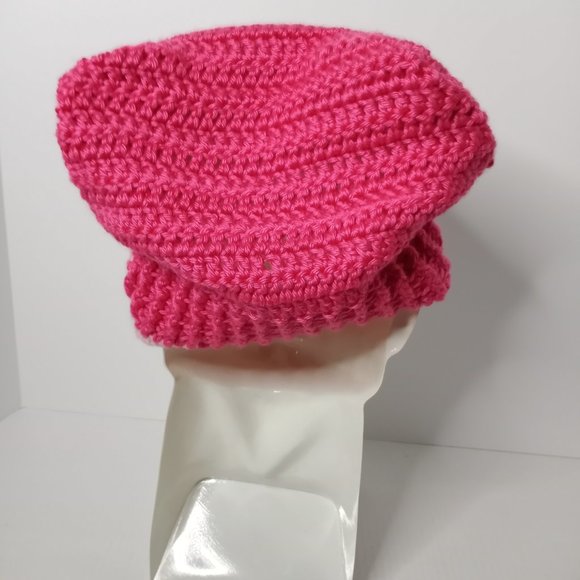 Handmade Crochet Knit Beanie Hat Dark/Light Pink Women's 8" Round - Picture 4 of 5